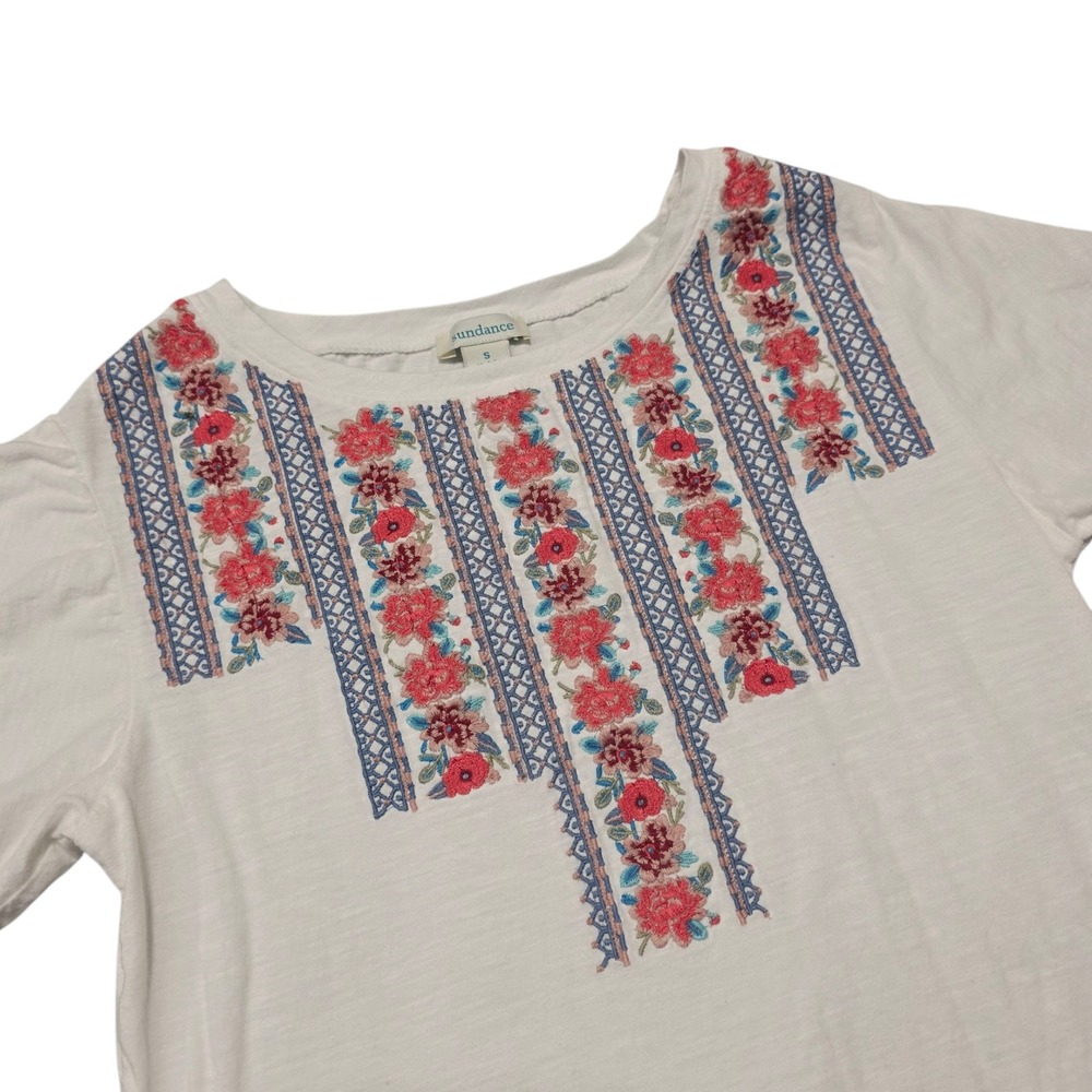 Sundance Embroidered Floral Short Sleeve (Slit) Tunic Top White Womens Size S